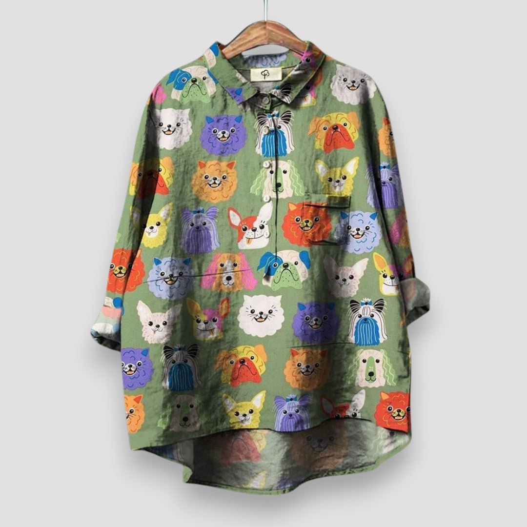 Women's Long-Sleeve Dog Pattern Button-Down Shirt