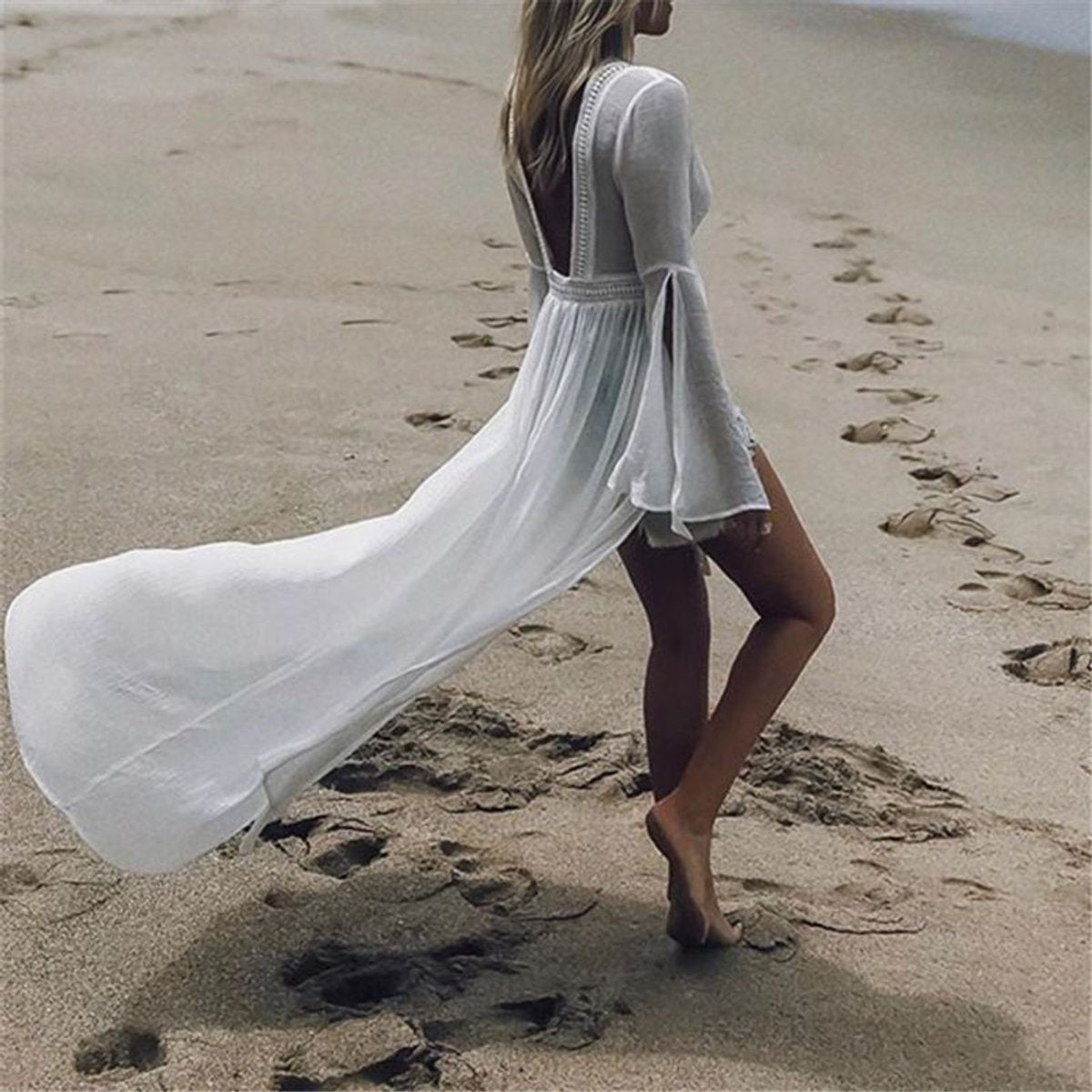 Women's Flowy Open-Back Maxi Kimono Beach Tunic