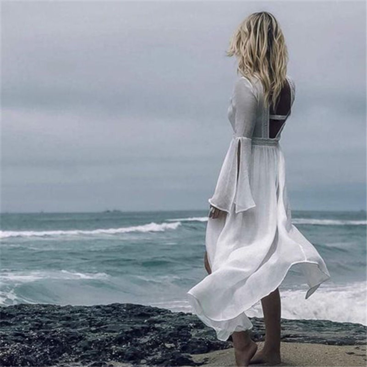 Women's Flowy Open-Back Maxi Kimono Beach Tunic
