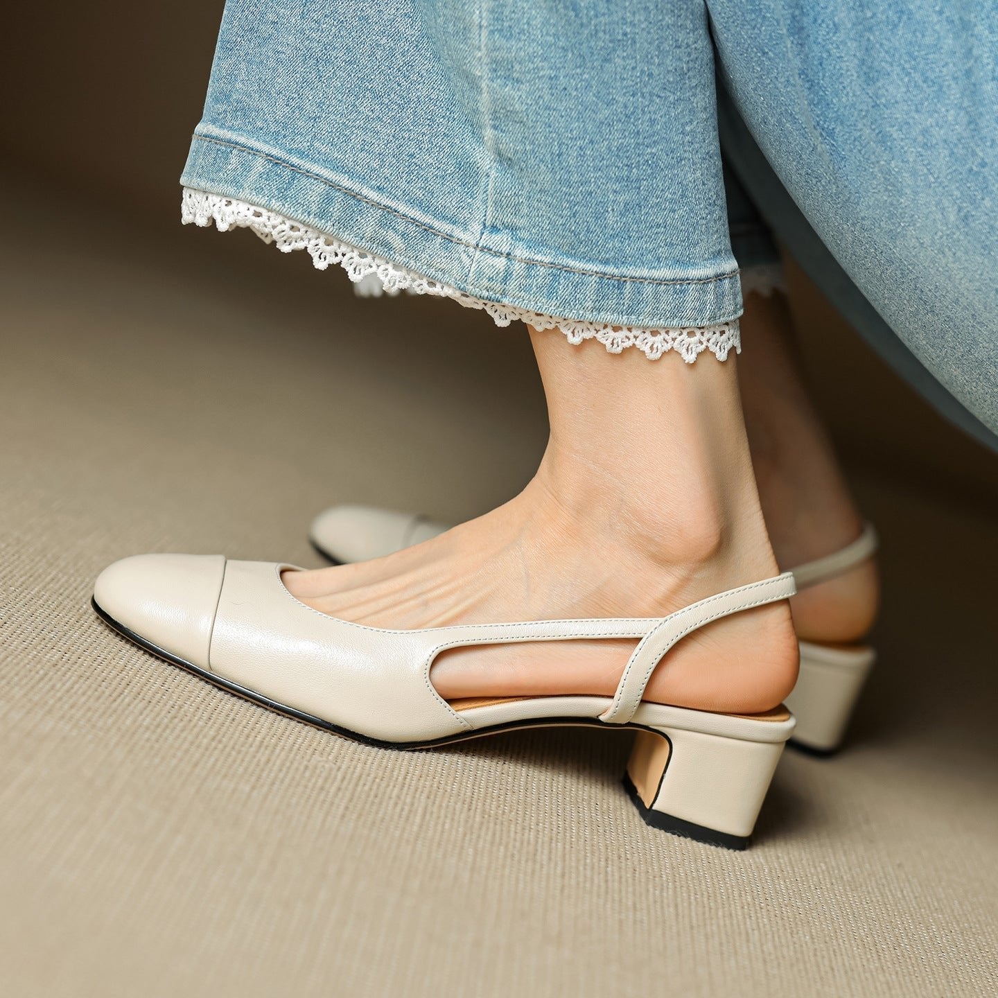 Women's Almond-Toe Leather Slingbacks with Block Heel