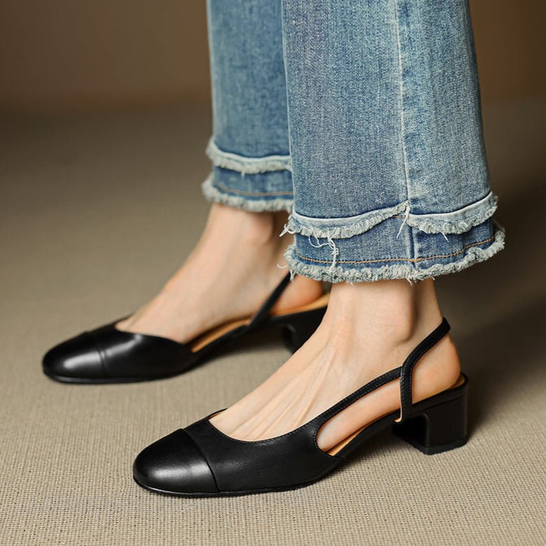 Women's Almond-Toe Leather Slingbacks with Block Heel
