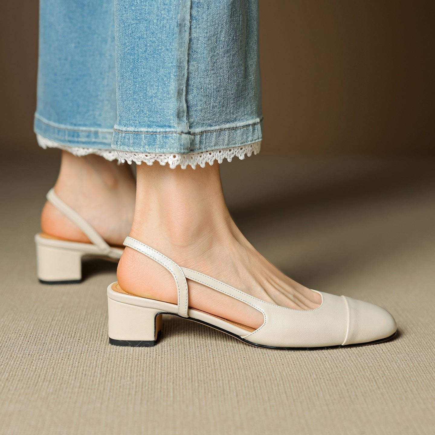 Women's Almond-Toe Leather Slingbacks with Block Heel
