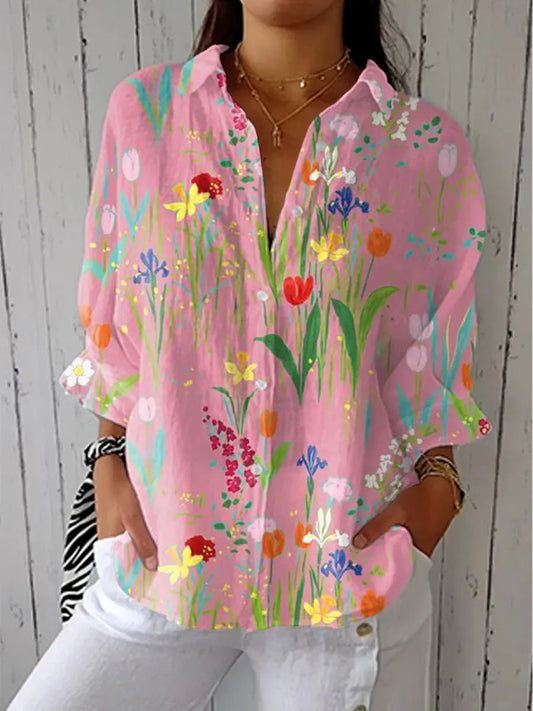 Floral Garden Button-Front Long-Sleeve Blouse for Women