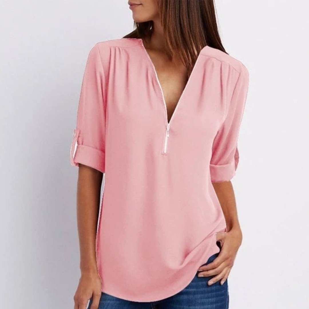 Women's Zip V-Neck Lightweight Blouse with Roll-Up Sleeves