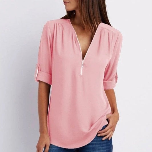 Women's Zip V-Neck Lightweight Blouse with Roll-Up Sleeves