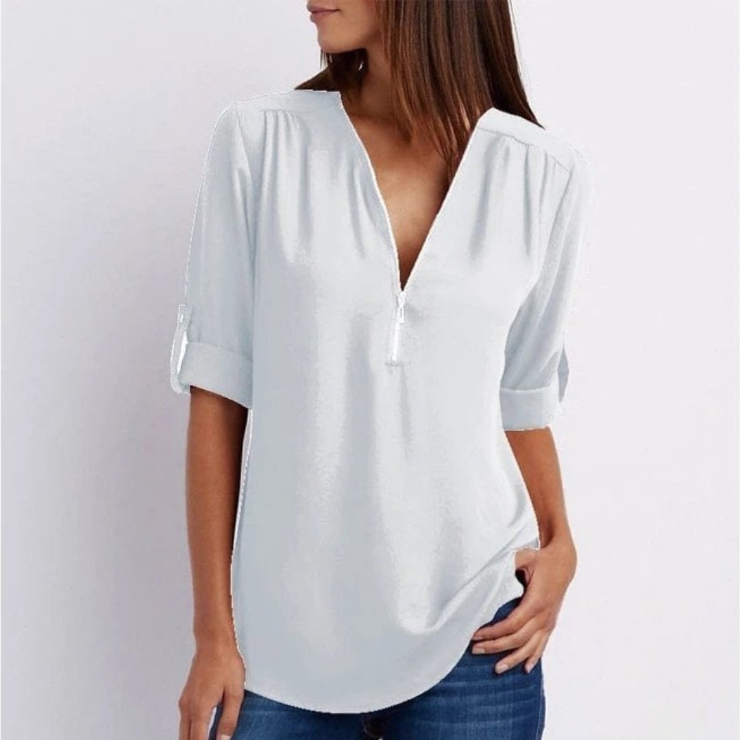 Women's Zip V-Neck Lightweight Blouse with Roll-Up Sleeves