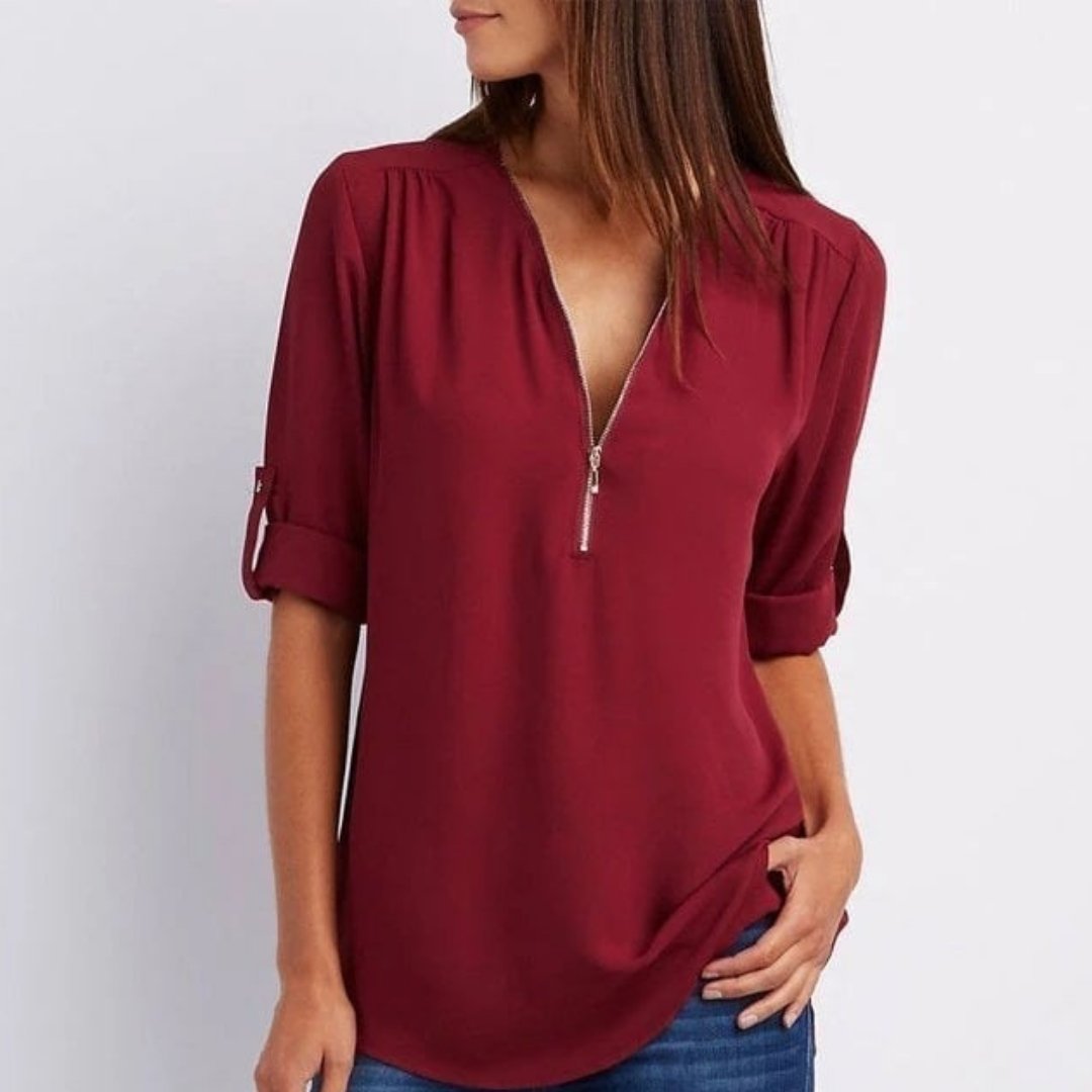 Women's Zip V-Neck Lightweight Blouse with Roll-Up Sleeves