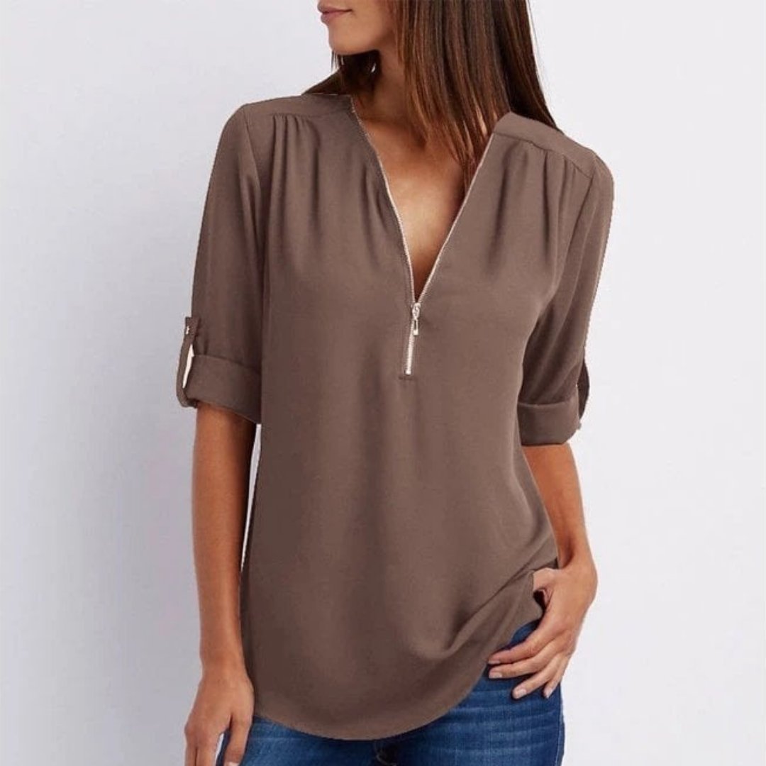 Women's Zip V-Neck Lightweight Blouse with Roll-Up Sleeves