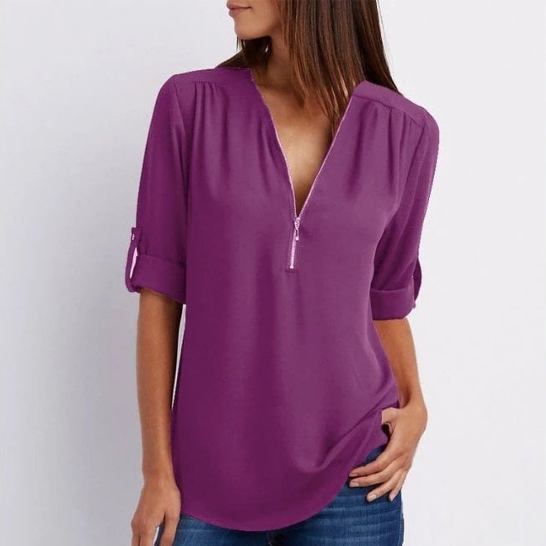 Women's Zip V-Neck Lightweight Blouse with Roll-Up Sleeves