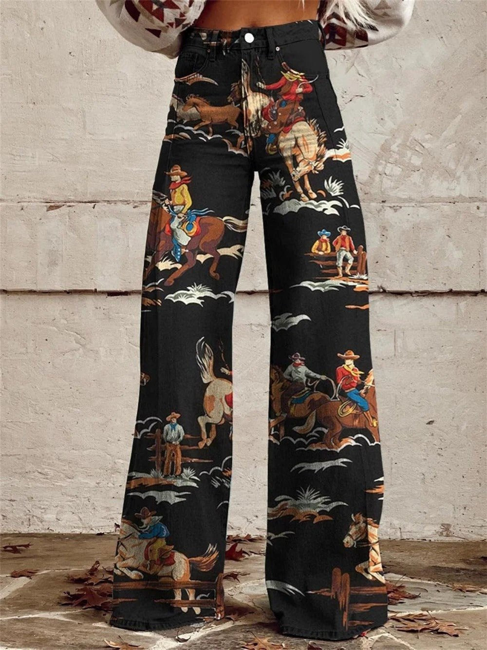 Women's High-Rise Wide-Leg Western Print Denim Pants with Linen Finish
