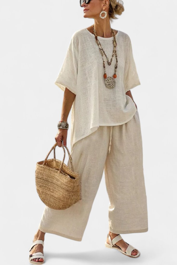 Women's Asymmetrical Linen Top and Wide-Leg Pants Two-Piece Set
