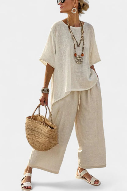 Women's Asymmetrical Linen Top and Wide-Leg Pants Two-Piece Set