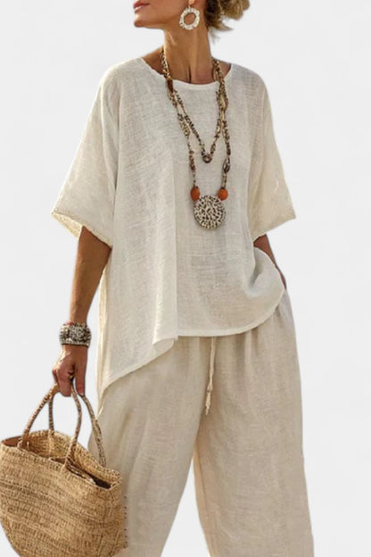 Women's Asymmetrical Linen Top and Wide-Leg Pants Two-Piece Set