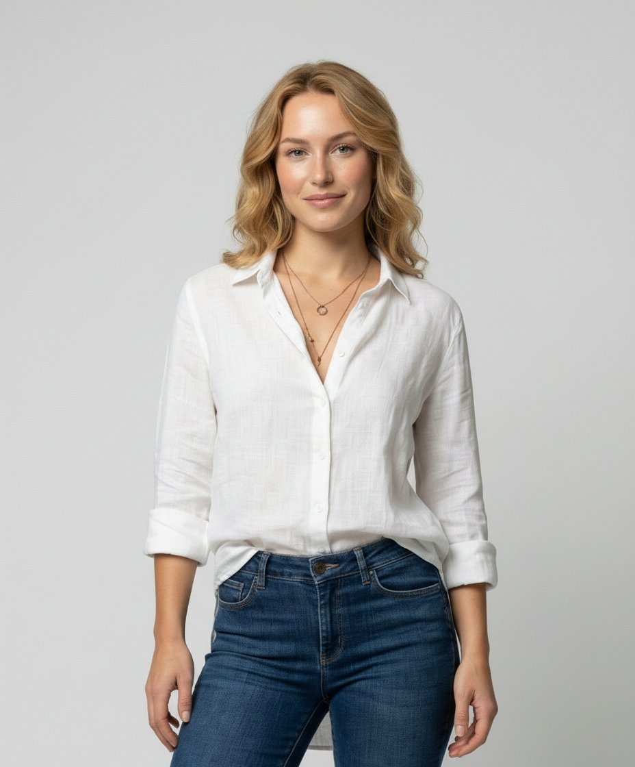 Women's Three-Quarter Sleeve Linen Shirt with Classic Collar