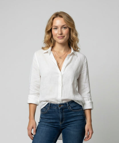 Women's Three-Quarter Sleeve Linen Shirt with Classic Collar
