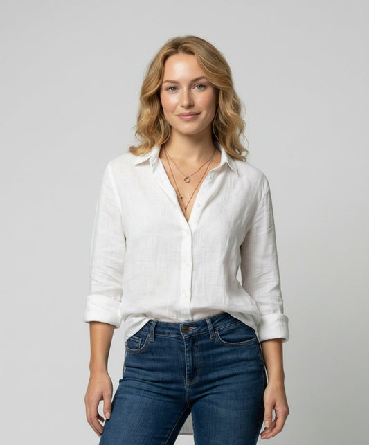 Women's Three-Quarter Sleeve Linen Shirt with Classic Collar