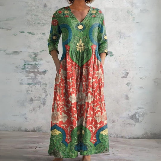 Women's Ethnic Pattern V-Neck Boho Linen Maxi Dress