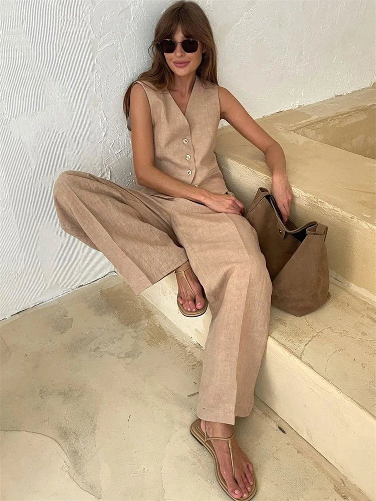 Women's Wide-Leg Linen Jumpsuit with Matching Jacket