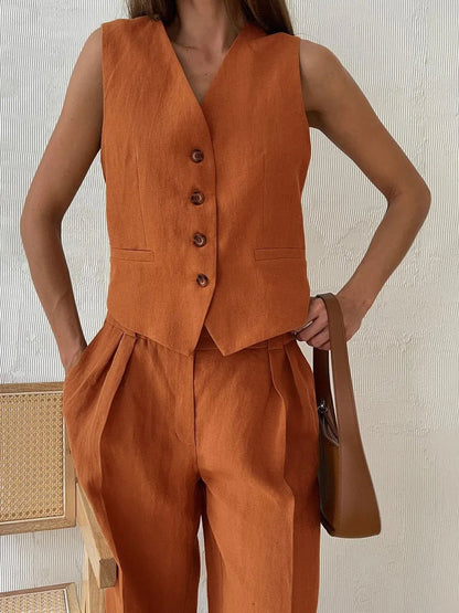 Women's Wide-Leg Linen Jumpsuit with Matching Jacket