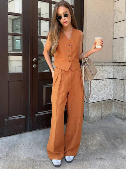 Women's Wide-Leg Linen Jumpsuit with Matching Jacket