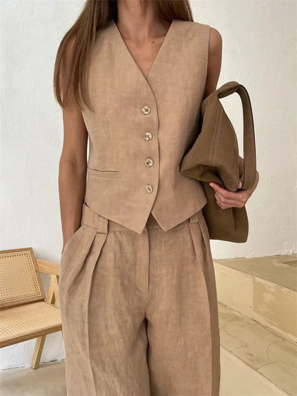 Women's Wide-Leg Linen Jumpsuit with Matching Jacket