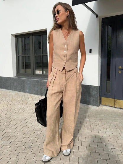 Women's Wide-Leg Linen Jumpsuit with Matching Jacket