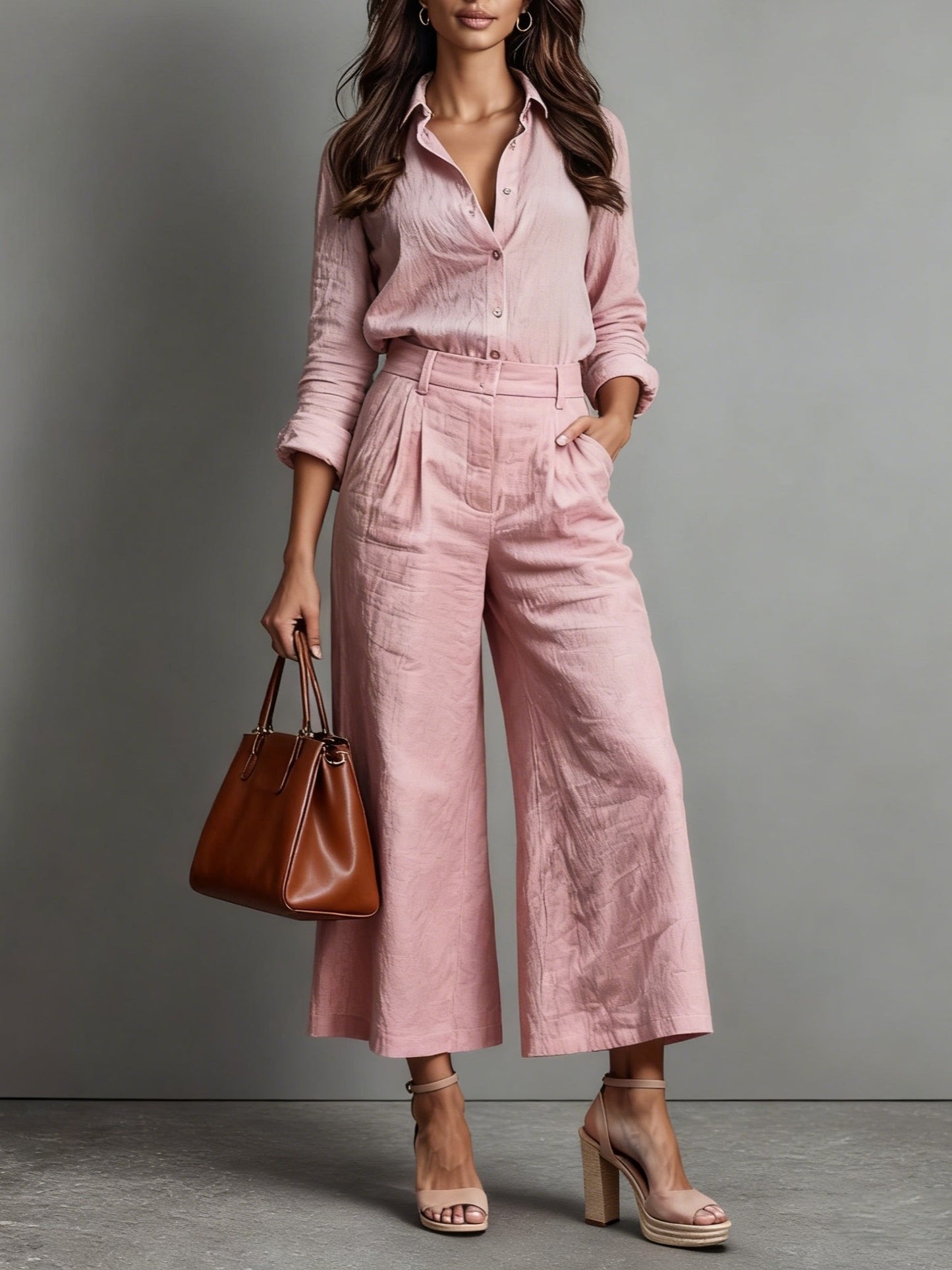 Women's Button-Down Blouse and Wide-Leg Trousers Linen Co-ord Set