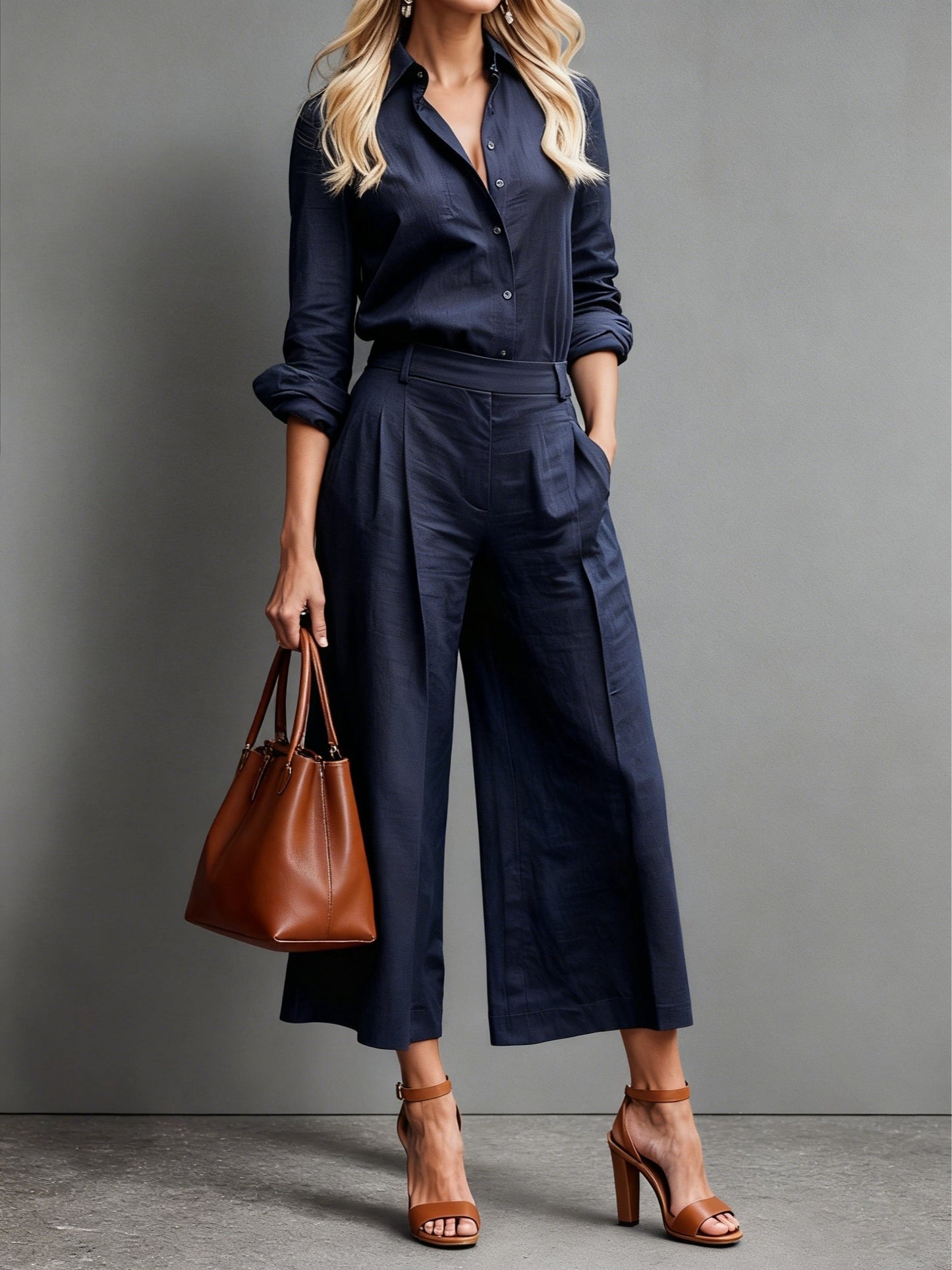 Women's Button-Down Blouse and Wide-Leg Trousers Linen Co-ord Set