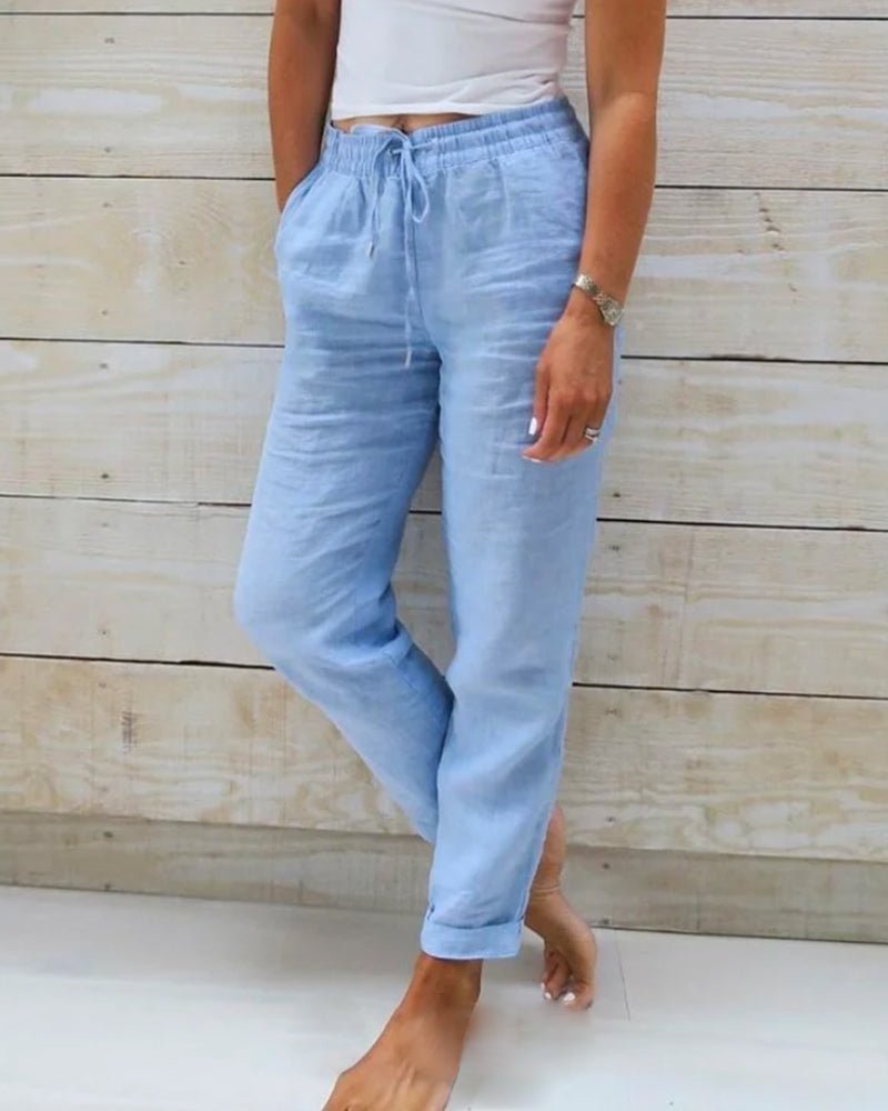 Women's Straight-Leg Linen Drawstring Pants with Elastic Waist