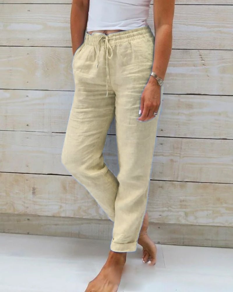 Women's Straight-Leg Linen Drawstring Pants with Elastic Waist
