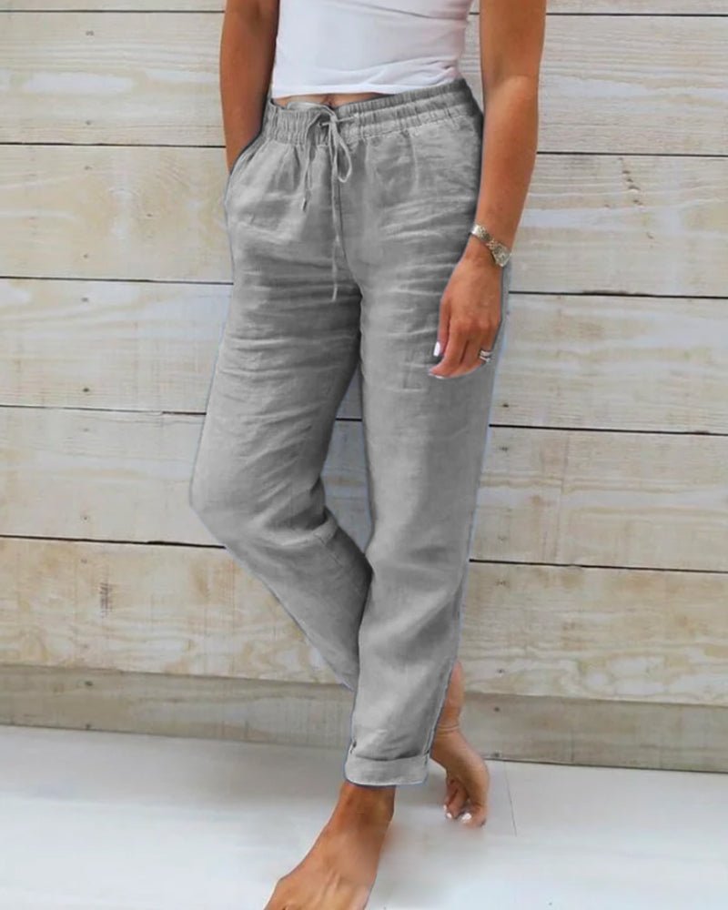Women's Straight-Leg Linen Drawstring Pants with Elastic Waist