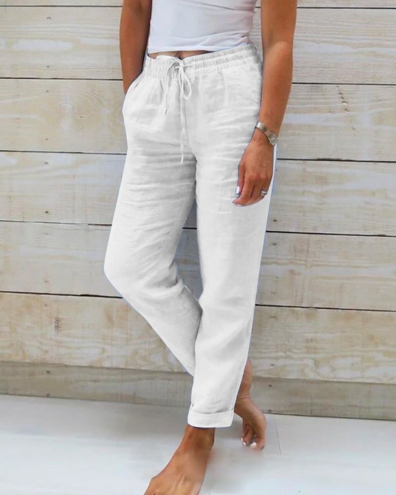 Women's Straight-Leg Linen Drawstring Pants with Elastic Waist