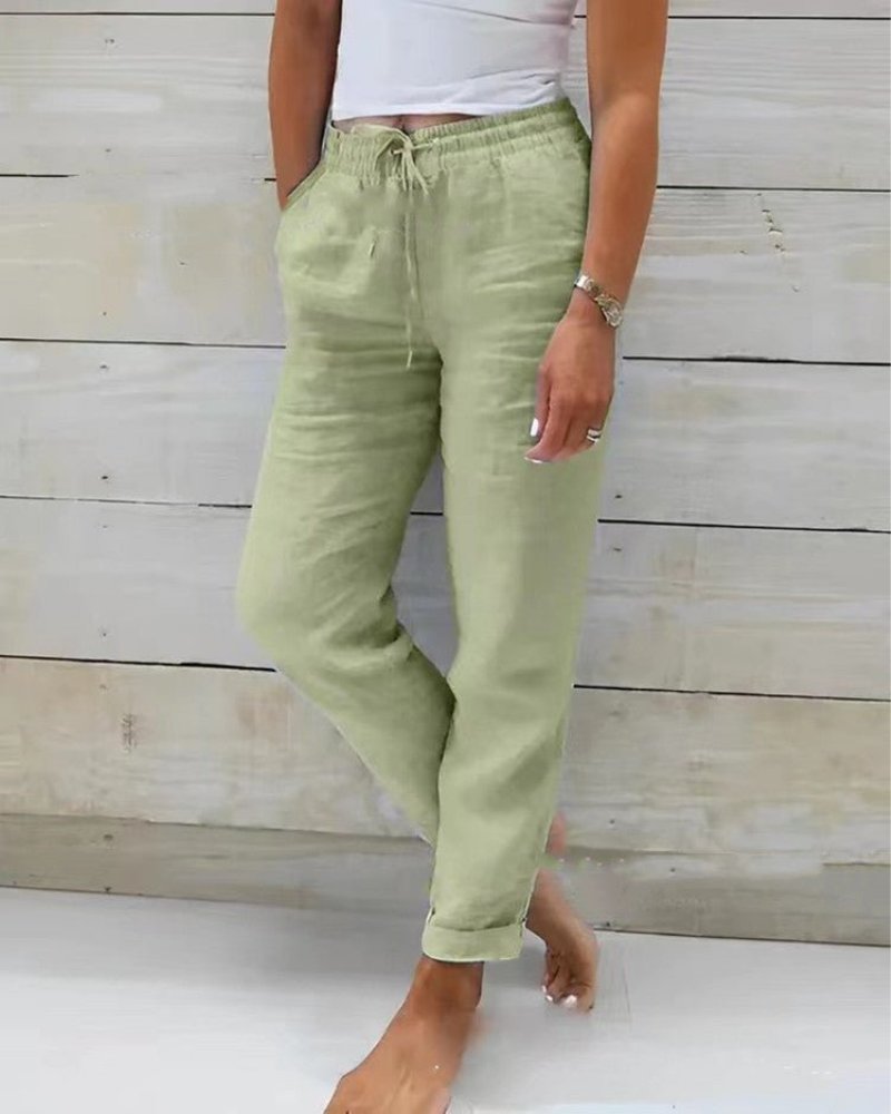 Women's Straight-Leg Linen Drawstring Pants with Elastic Waist