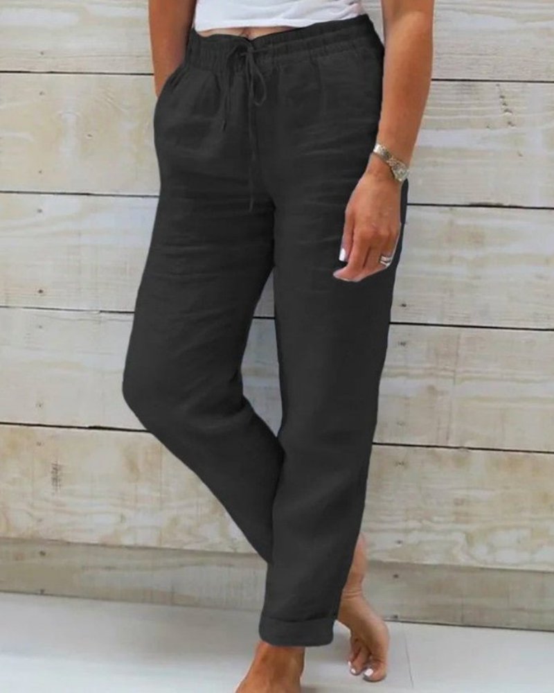 Women's Straight-Leg Linen Drawstring Pants with Elastic Waist