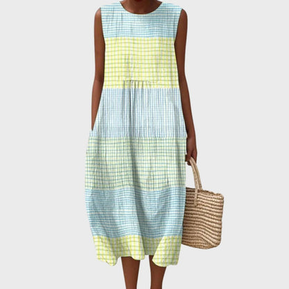 Women's Plaid Linen Tank Midi Dress