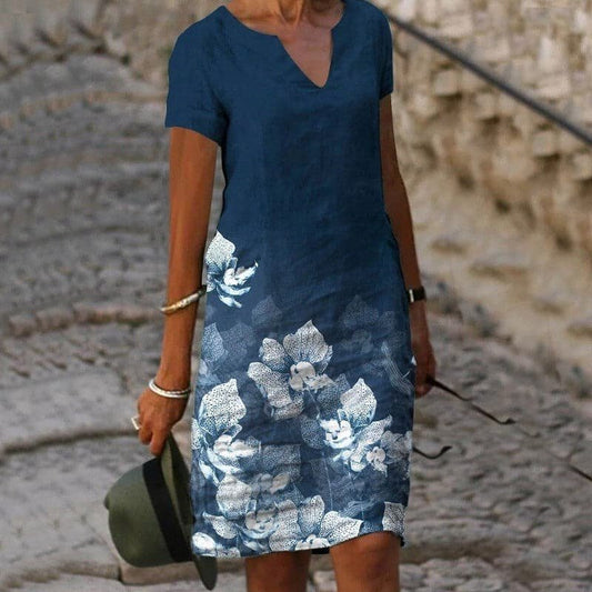 Women's Short-Sleeved V-Neck Linen Midi Dress