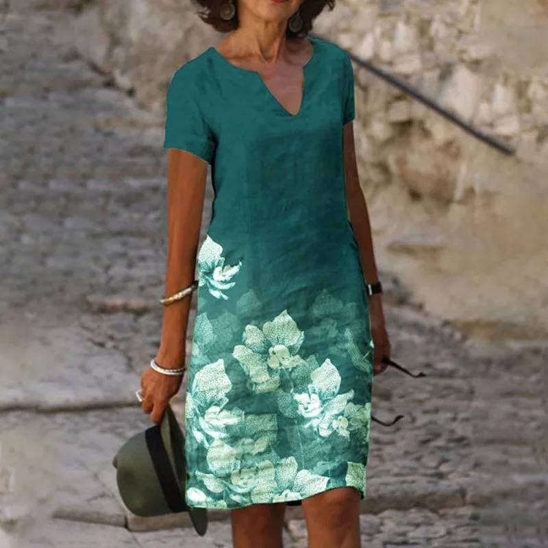 Women's Short-Sleeved V-Neck Linen Midi Dress