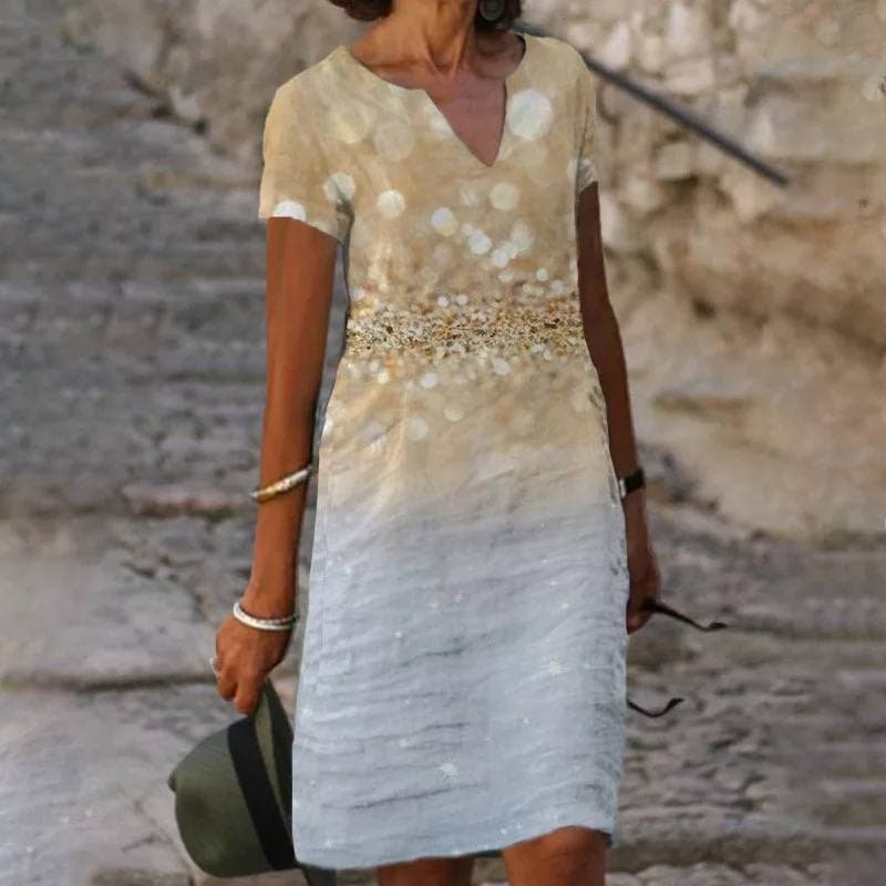 Women's Short-Sleeved V-Neck Linen Midi Dress