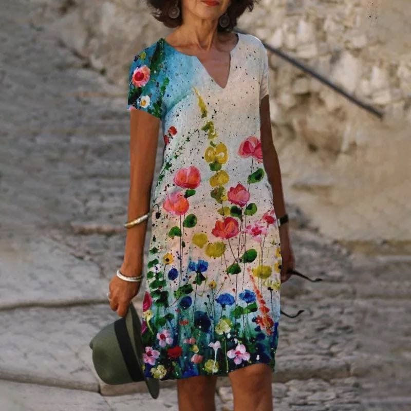 Women's Short-Sleeved V-Neck Linen Midi Dress