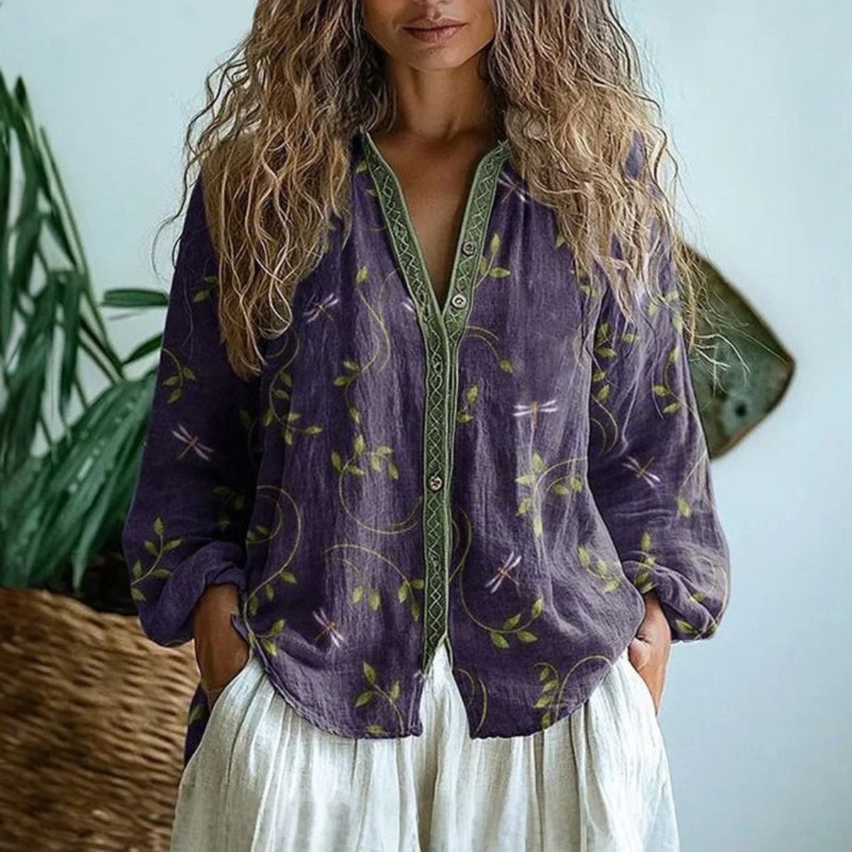 Women's Floral Print Long-Sleeve Linen Cardigan Shirt