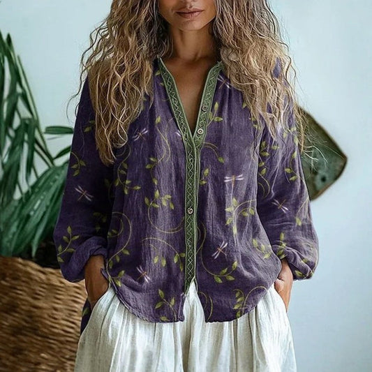 Women's Floral Print Long-Sleeve Linen Cardigan Shirt