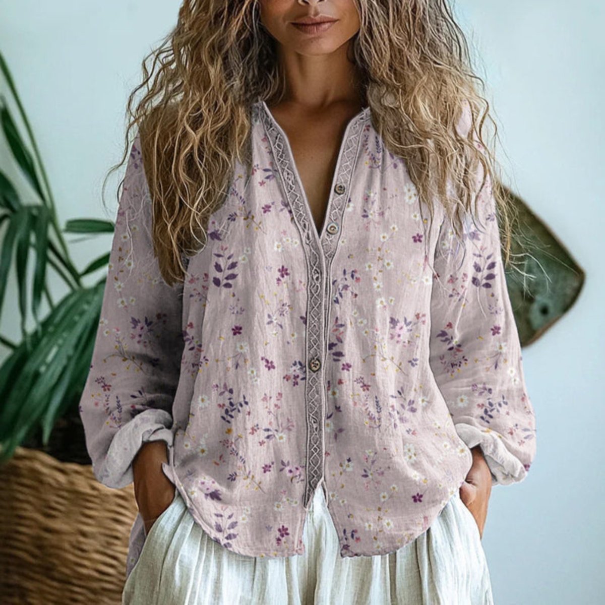 Women's Floral Print Long-Sleeve Linen Cardigan Shirt