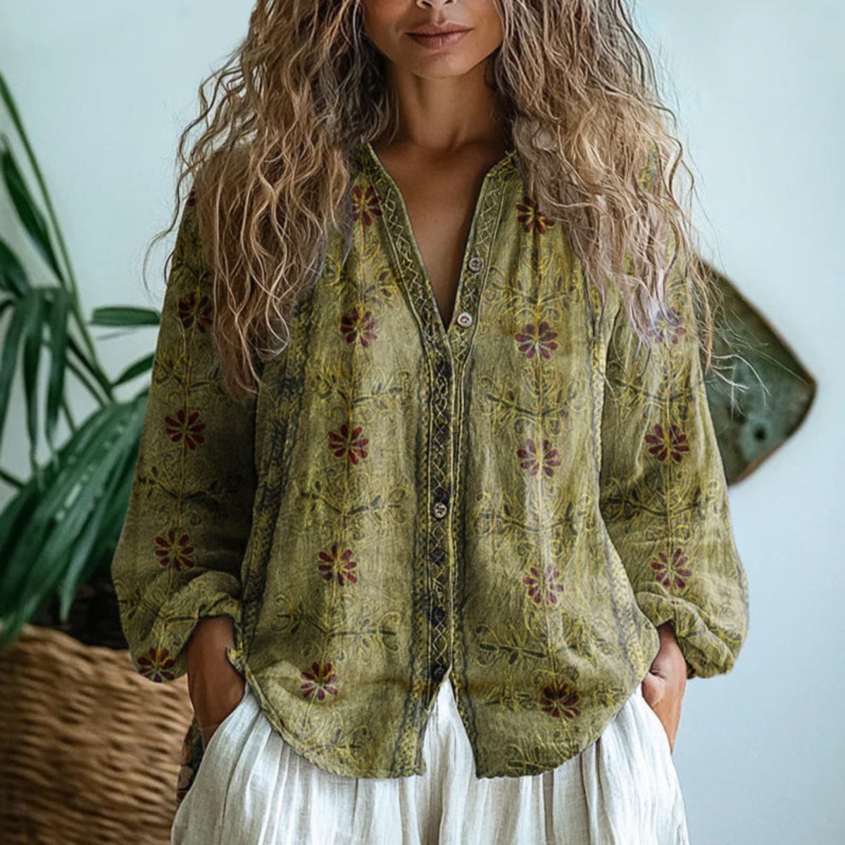 Women's Floral Print Long-Sleeve Linen Cardigan Shirt