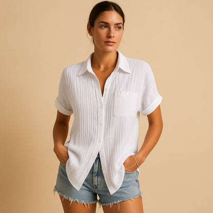 Women's Linen-Texture Short-Sleeve Shirt with Pocket