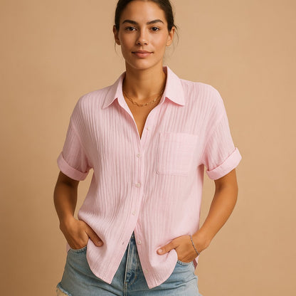 Women's Linen-Texture Short-Sleeve Shirt with Pocket