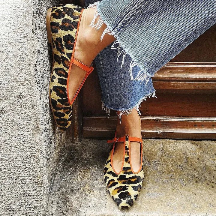 Women's Pointed-Toe Leopard Print Linen-Texture T-Bar Ballet Flats