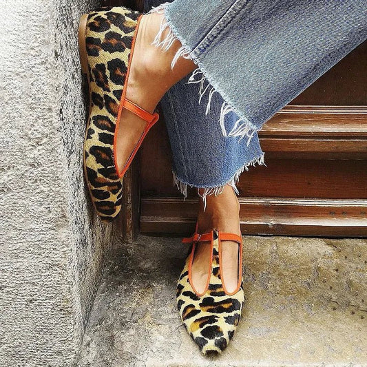 Women's Pointed-Toe Leopard Print Linen-Texture T-Bar Ballet Flats