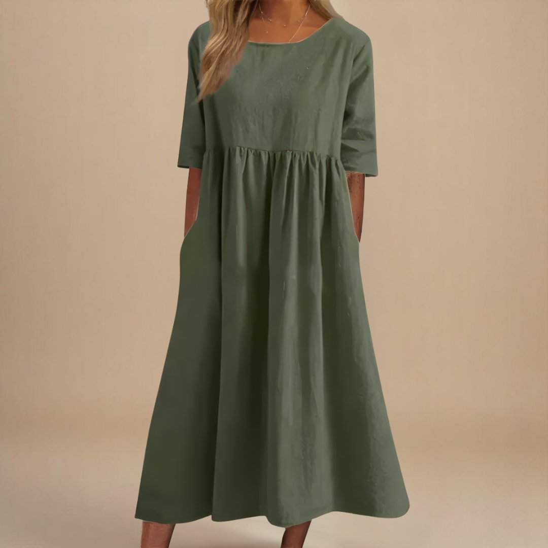 Women's Empire-Waist Linen Midi Dress with Half Sleeves