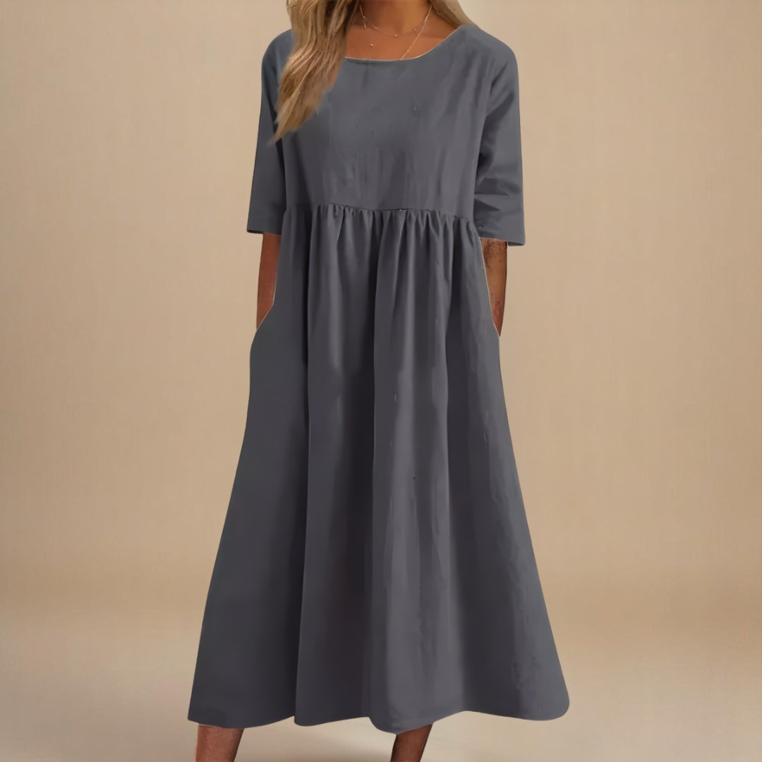 Women's Empire-Waist Linen Midi Dress with Half Sleeves