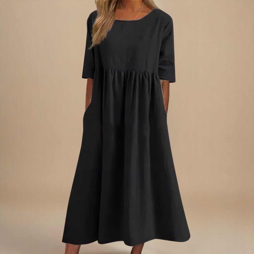 Women's Empire-Waist Linen Midi Dress with Half Sleeves